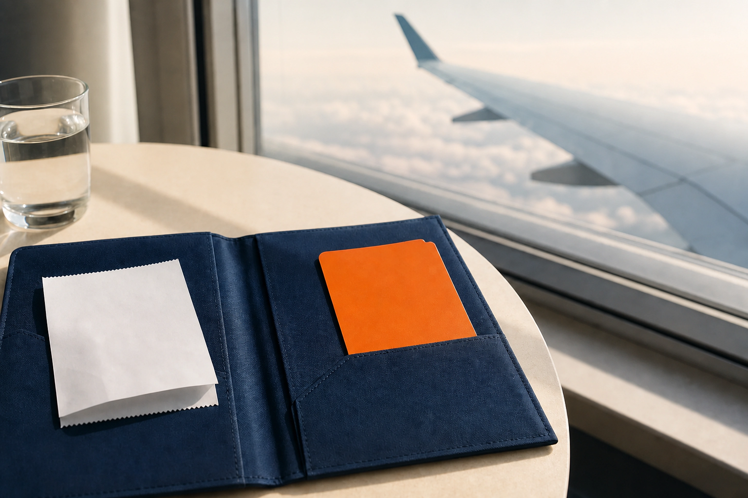 Pasta de documentos, comprovante e cartão de embarque diante da janela de um avião.